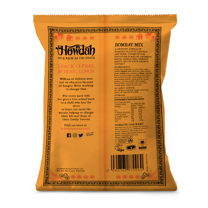 Back of a Howdah Bombay Mix packet with text and branding.
