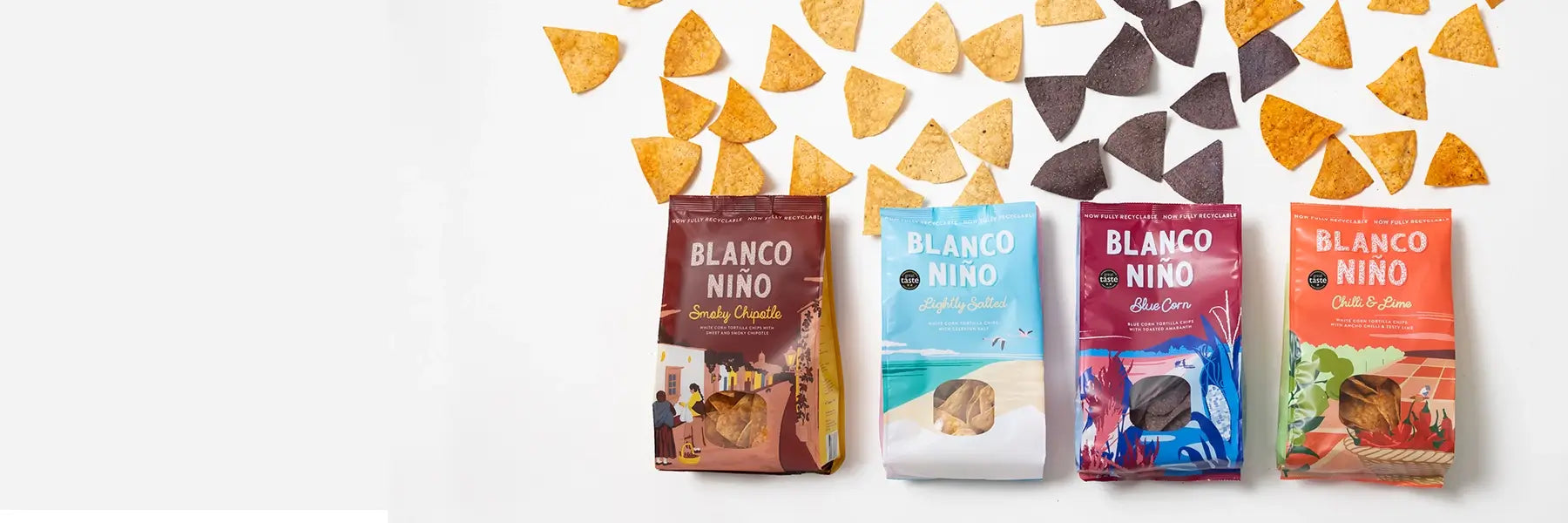 Blanco Nino all four flavours bags and scattered chips