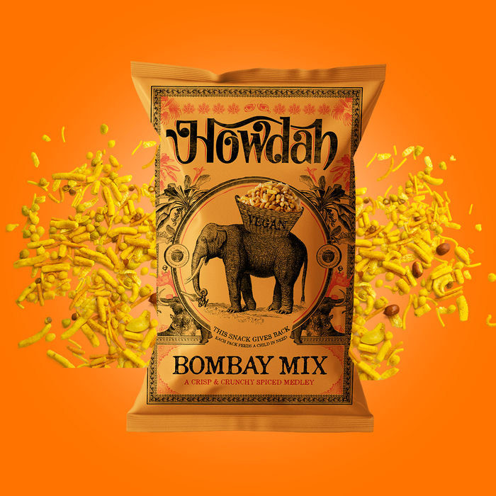 Howdah Bombay Mix snack packaging with an elephant illustration on an orange background