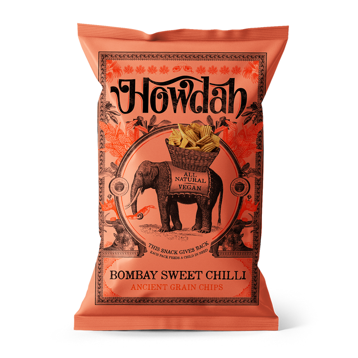 Howdah Bombay Sweet Chilli ancient grain chips packaging on a white background