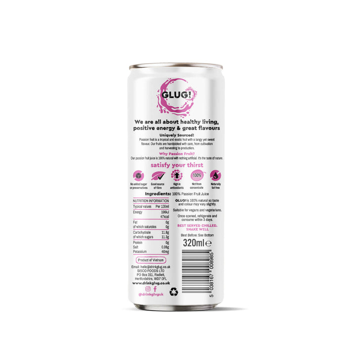 Glug! 100% Passion Fruit Juice 320ml Back of Can