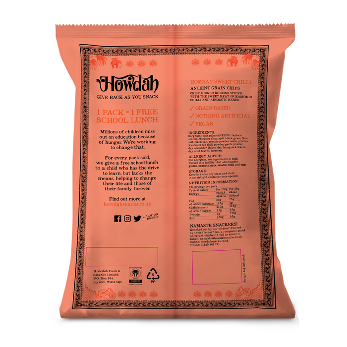 Pink snack packet with black text and branding on a white background