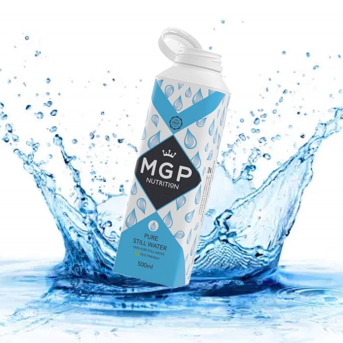 MGP Nutrition Wholesale Pure Still Water 24 x 500ml with splash background