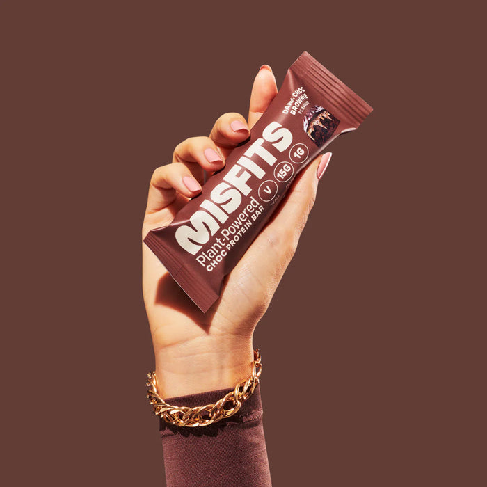 Misfits -  Vegan Protein Bar Dark Chocolate Brownie 45g held in a hand