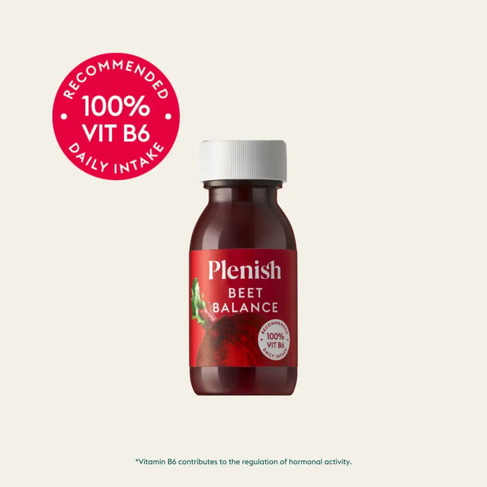 Plenish - Beet Balance Vitamin B6 Health Shot 60ml, with a red circle with white text that says 100% Vitamin B6 Recommended Daily Intake