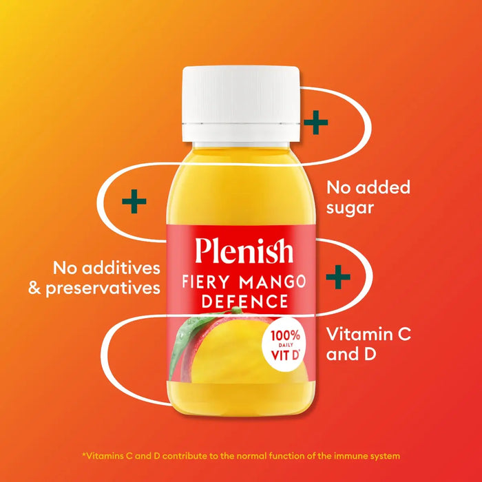 Plenish Fiery Mango Defence drink bottle on an orange background with text highlighting benefits.