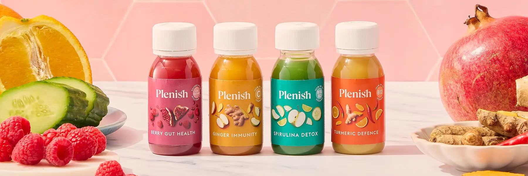 Plenish 4 Health Shot Drinks with fruit and veg 