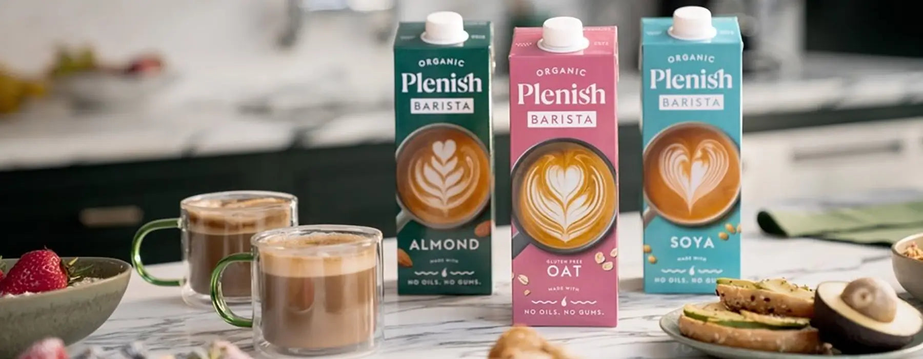 Plenish Barista Milks 3 flavours with coffees