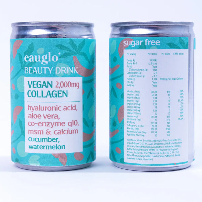Eauglo - Cucumber and Watermelon Beauty Drink 24 x 2000mg Vegan Collagen Front and Back of Can