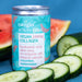 Eauglo - Cucumber and Watermelon Beauty Drink 24 x 2000mg Vegan Collagen next to cut watermelon and cucumber