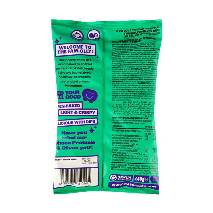 Olly's Wholesale - Vegan Sour Cream & Onion Pretzel Thins 140g Back of Bag