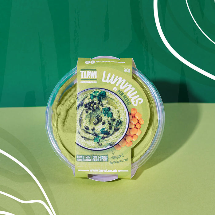 Lummus & Herbs - Lupin Bean Hummus 6 x 200g | Tarwi. Lummus and herbs on a dual tone green background